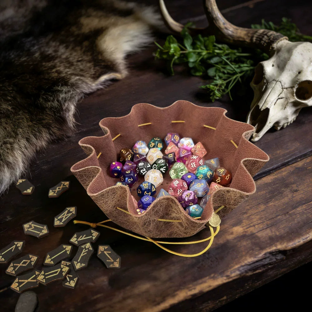 2-in-1 Foldable Leather Dice Bag and Rolling Tray, Portable Drawstring Dice Pouch for DND, RPG, and Tabletop Board Games