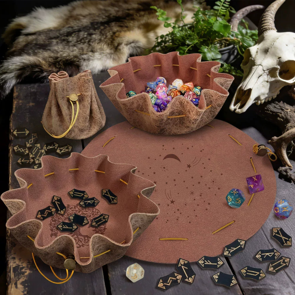 2-in-1 Foldable Leather Dice Bag and Rolling Tray, Portable Drawstring Dice Pouch for DND, RPG, and Tabletop Board Games