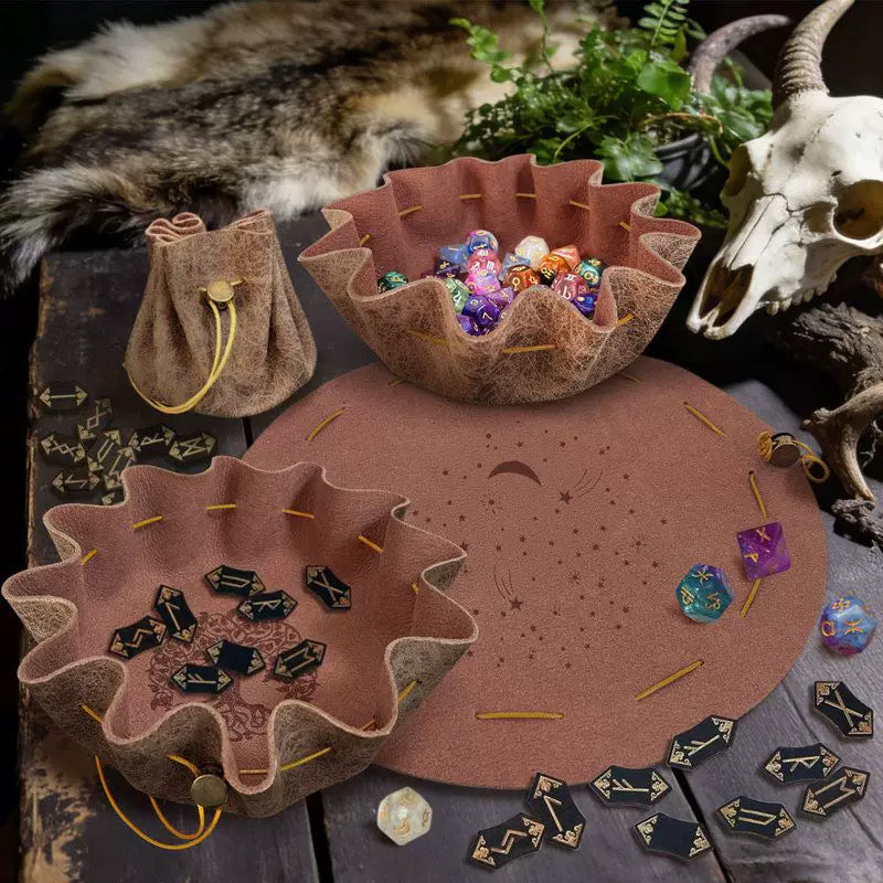 Portable Leather Drawstring Dice Bag & Rolling Tray for D&D Tabletop RPG Board Games