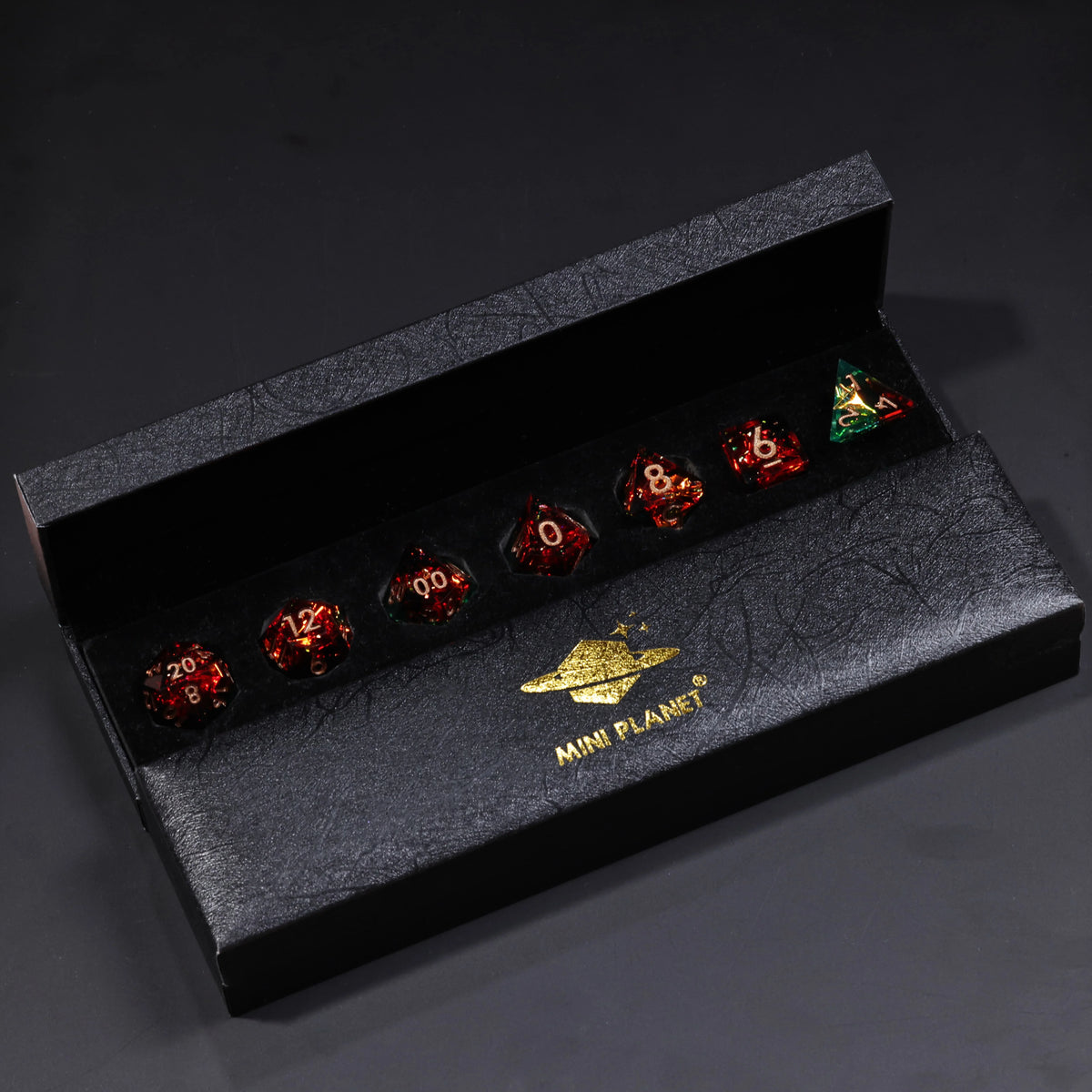 Mini Planet Jungle Fire Resin DND Dice Set, Sharp Edge Polyhedral Dice for D&D TRPG Tabletop Role Playing Games