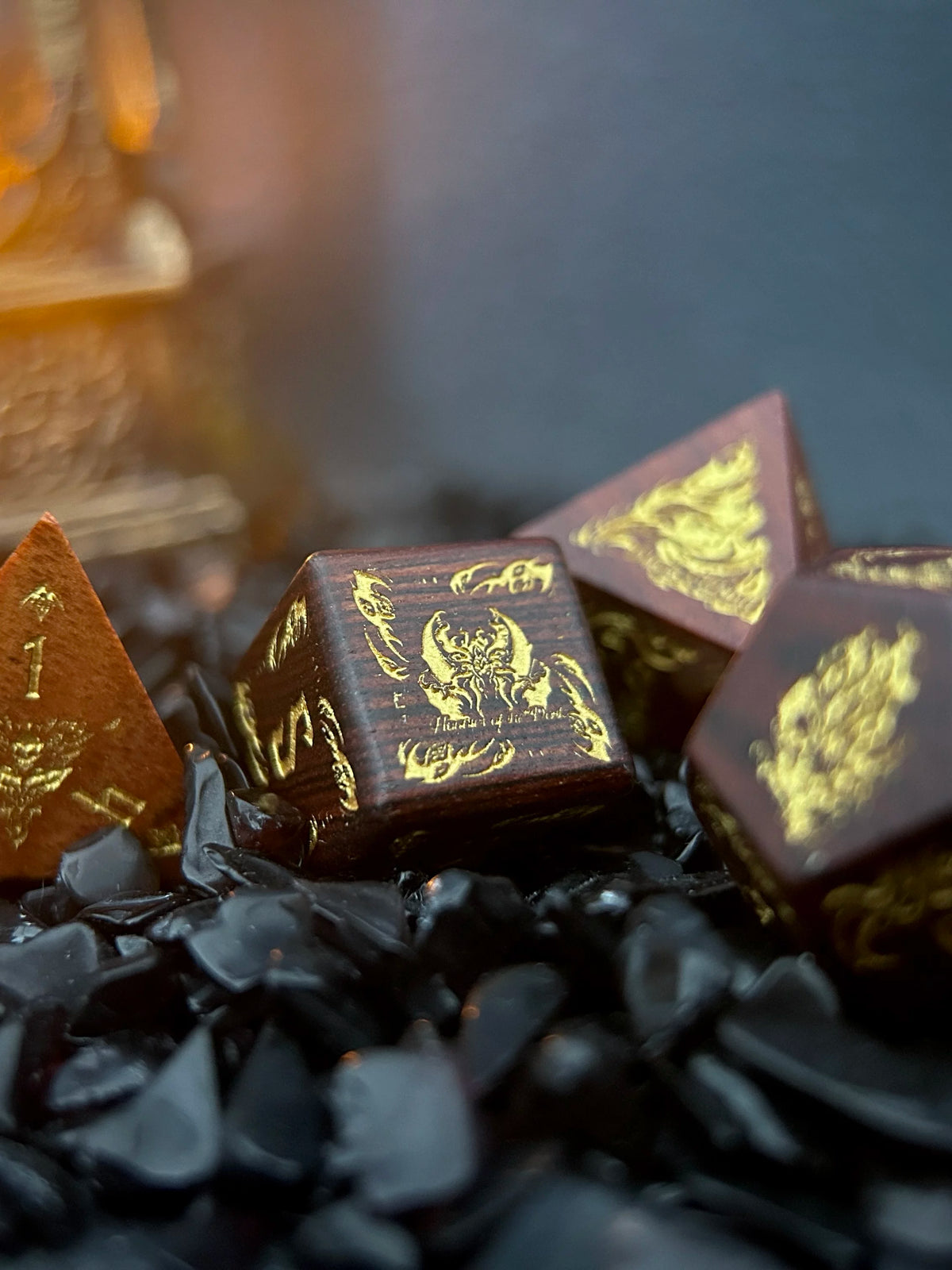 Nyarlathotep Crawling Chaos Natural Rosewood Polyhedral Dice Set - 7-Piece DND & Call of Cthulhu RPG Dice with Metal Tin