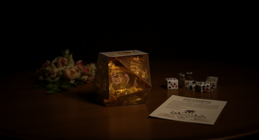 How it looks in real life: a welcoming table with a first dice set and a character sheet