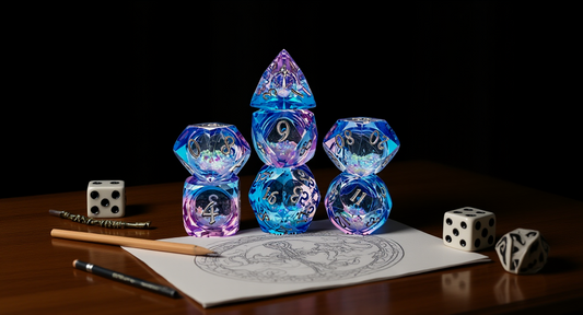 How it looks in real life: a creative desk with engraved dice and a pencil sketch