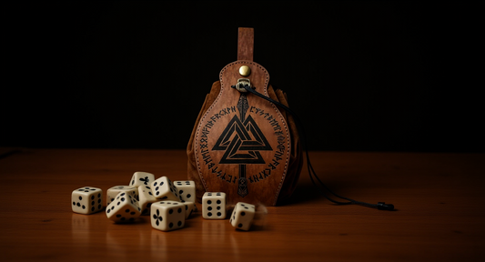 How it looks in real life: a warm desk with a drawstring dice bag spilling dice out