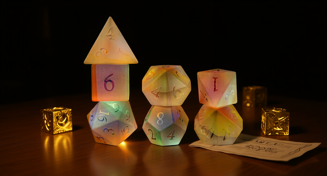 How it looks in real life: a golden lit table with holy looking dice and a paladin sheet
