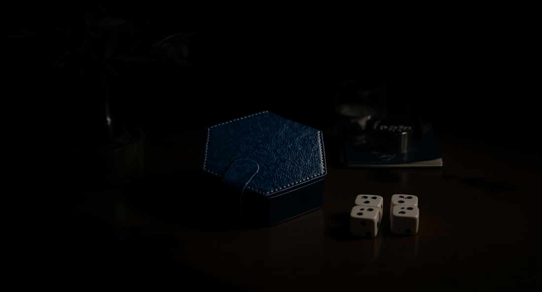 How it looks in real life: a neat desk with a dice case holding a set
