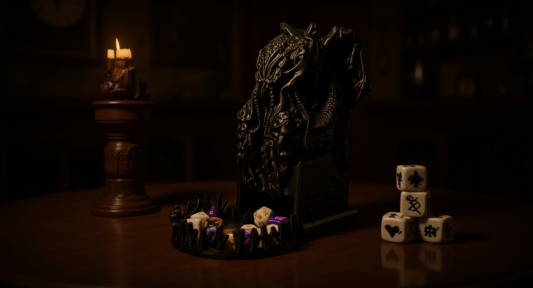 How it looks in real life: a tavern table with a wooden dice tower and dice