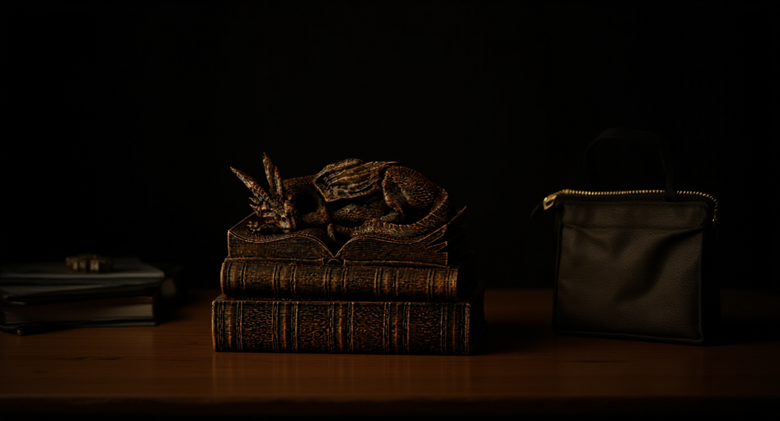 How it looks in real life: a desk with a dice vault and a dice bag side by side