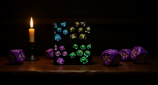 How it looks in real life: an occult table with purple dice and candlelight