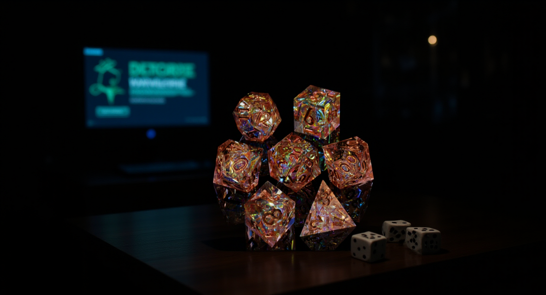 How it looks in real life: a DM table with a screen and dice behind it