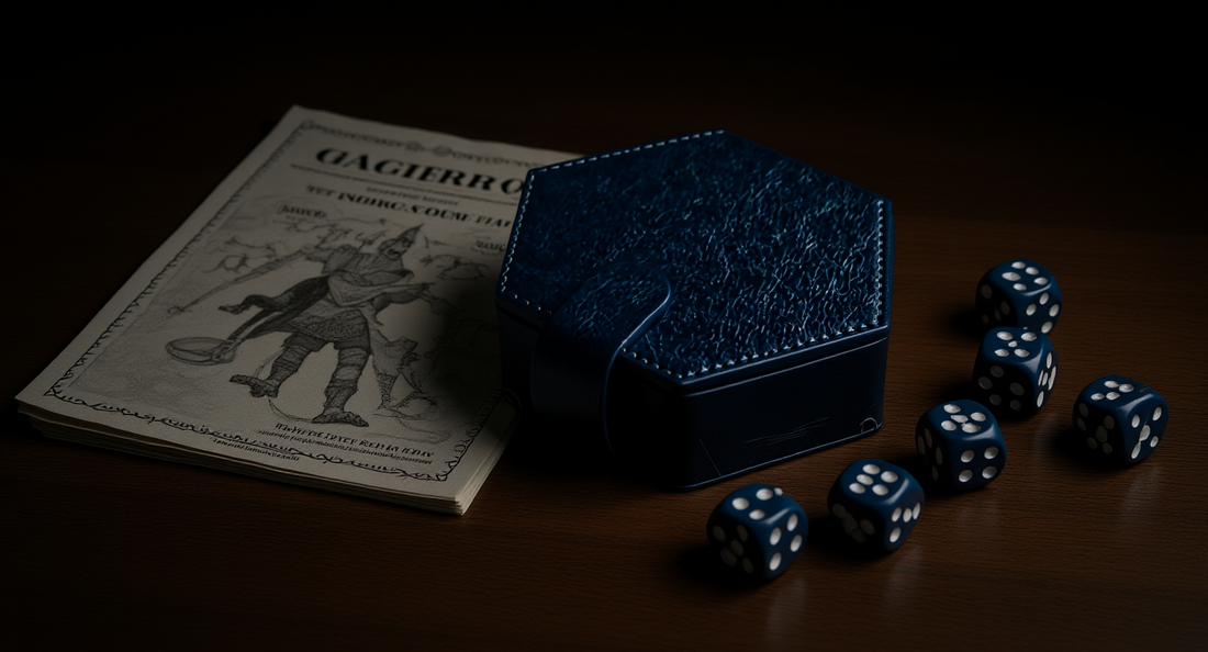 How it looks in real life: a character sheet and a full 7-piece dice set resting on a wooden table