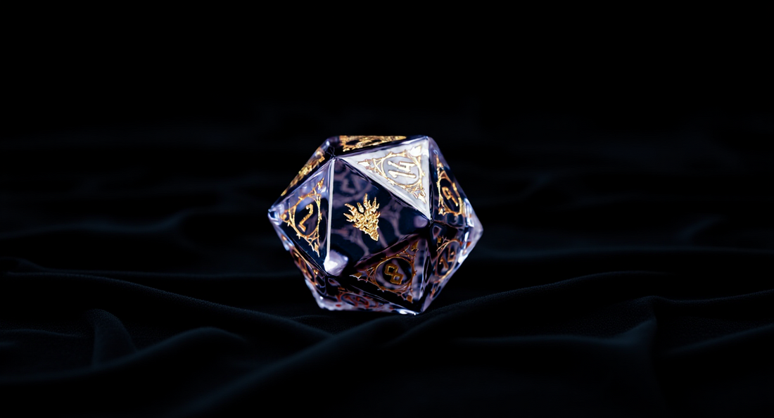 How it looks in real life: an elegant scene with gemstone dice on dark velvet cloth