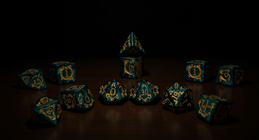 How it looks in real life: a table with several dice sets laid out to choose from