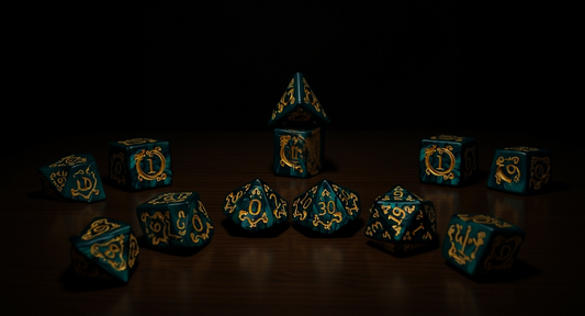 How it looks in real life: a table with several dice sets laid out to choose from