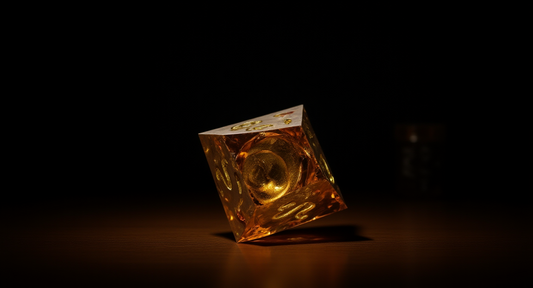 How it looks in real life: a moody desk with liquid core dice held up to the light