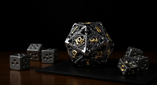 How it looks in real life: a moody desk with heavy metal dice on dark leather
