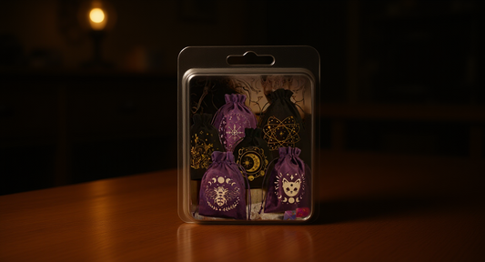 How it looks in real life: a warm desk with a sealed mystery dice box