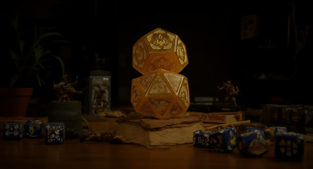 How it looks in real life: a hobby desk with painted miniatures and dice