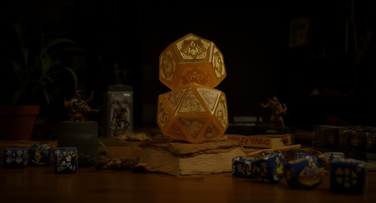 How it looks in real life: a hobby desk with painted miniatures and dice