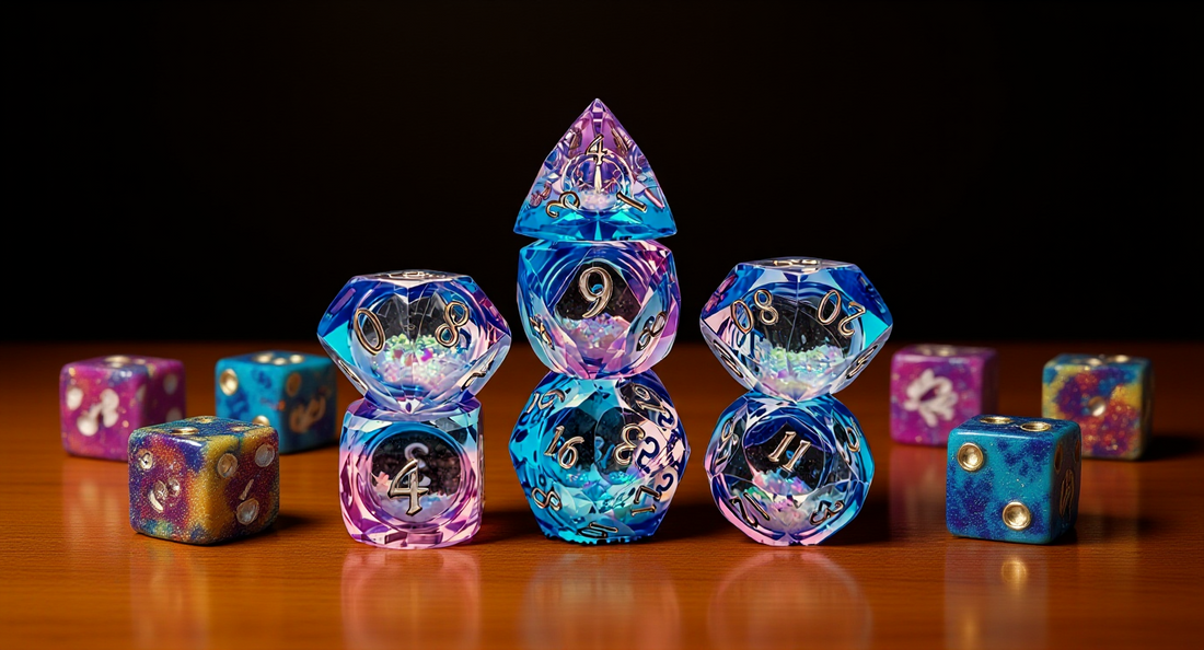 How it looks in real life: a warm desk with colourful resin dice and glitter