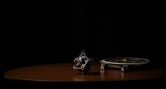 How it looks in real life: a table with a spinner dial and dice