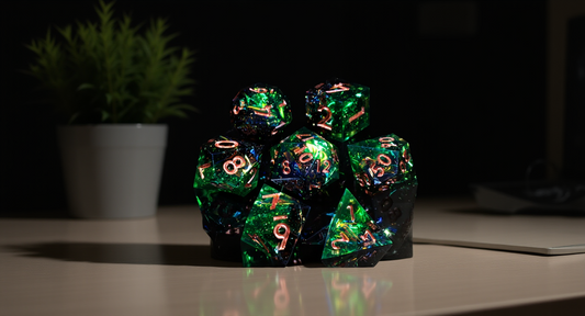How it looks in real life: a clean desk with sharp edge resin dice in daylight