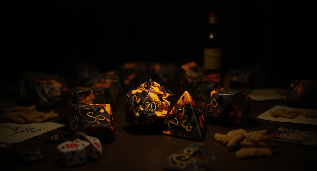 How it looks in real life: a game table mid session with dice, notes and snacks