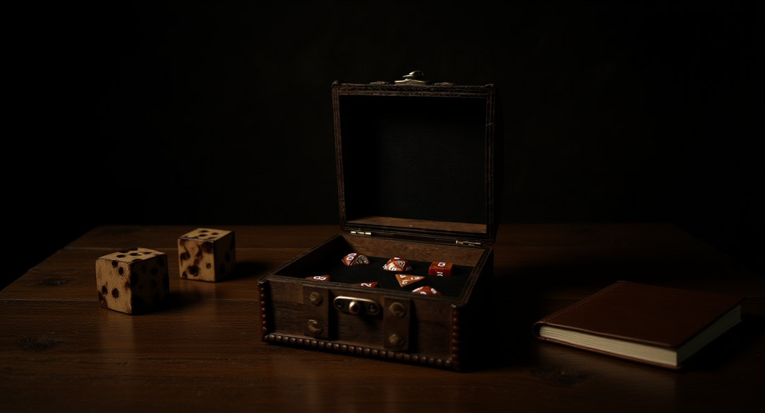 How it looks in real life: a rustic table with wooden dice and a leather journal