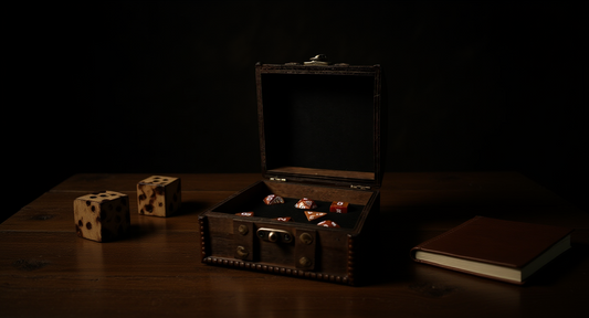 How it looks in real life: a rustic table with wooden dice and a leather journal
