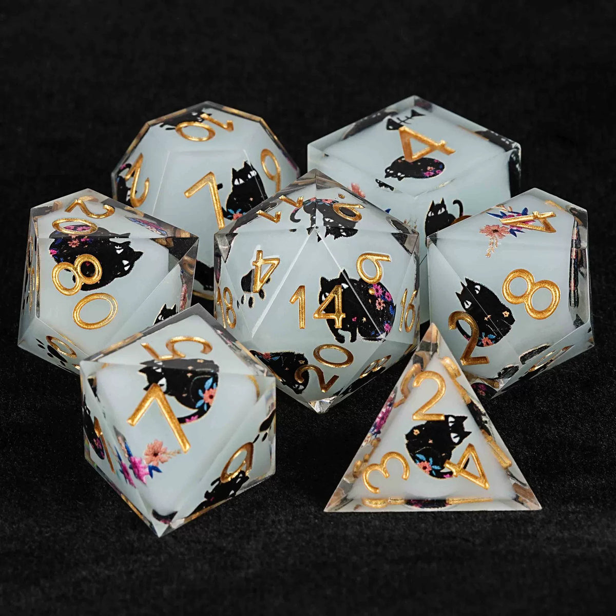 Cat dice in dice resin polyhedral dice set - detail view 9
