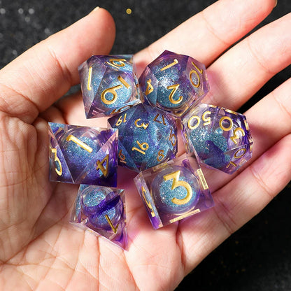 Liquid Core Sharp Edge Resin Dice Set, Floating Dragon Eye Polyhedral D&D TTRPG Tabletop Dice with Metal Box & Velvet Pouch