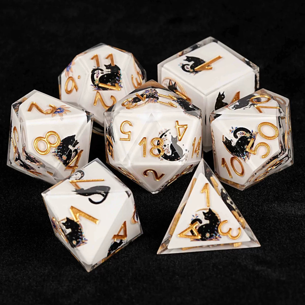 Cat dice in dice resin polyhedral dice set - detail view 24