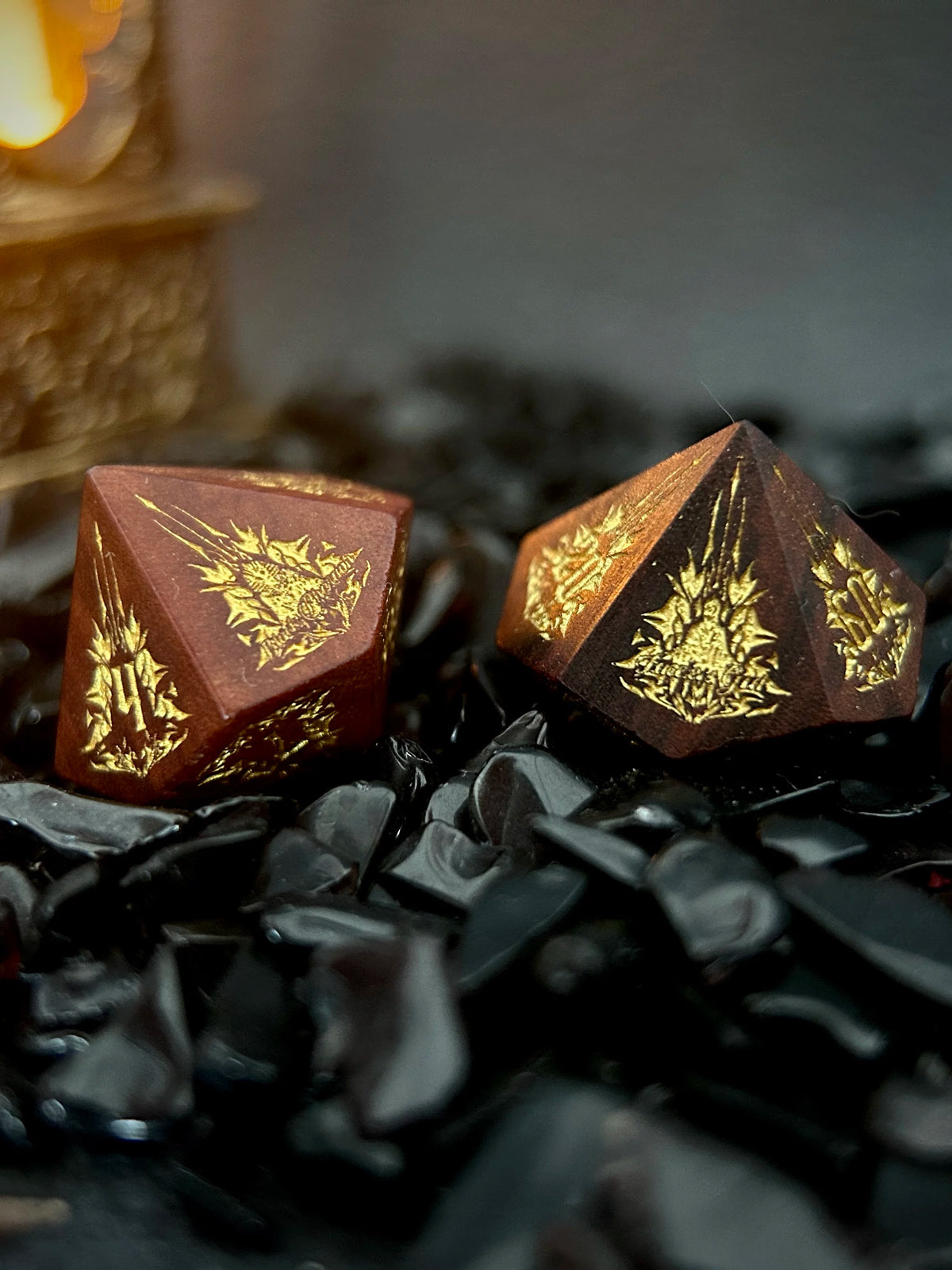 Nyarlathotep Crawling Chaos Natural Rosewood Polyhedral Dice Set - 7-Piece DND & Call of Cthulhu RPG Dice with Metal Tin