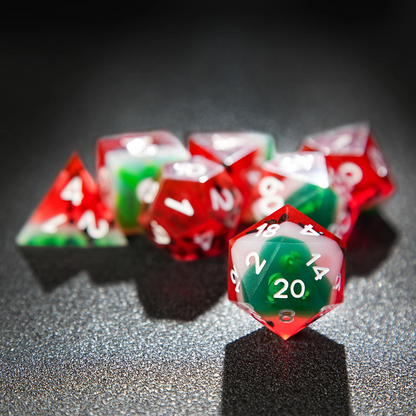 Watermelon colour clear resin polyhedral dice set - detail view 8
