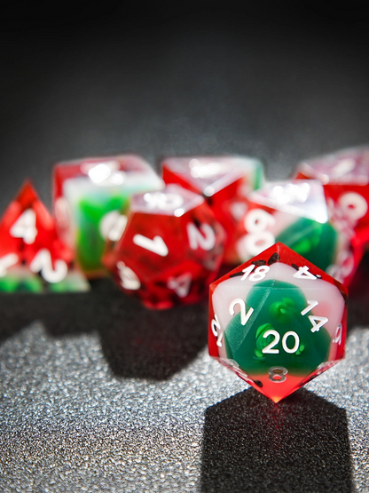 Watermelon colour clear resin polyhedral dice set - detail view 3