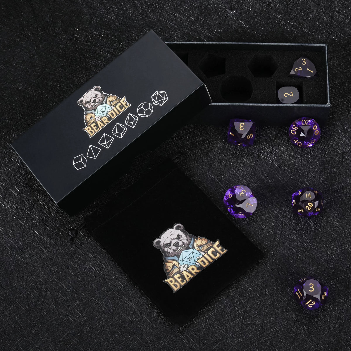 Clear purple faceted resin polyhedral dice set - detail view 10