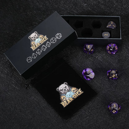 Clear purple faceted resin polyhedral dice set - detail view 10