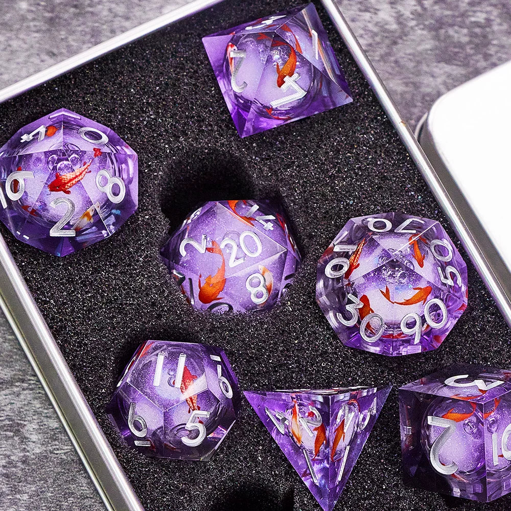 Liquid Core Starry Quicksand DND Polyhedral Dice Set, D20 RPG Tabletop Gaming Dice with Metal Tin and Velvet Pouch