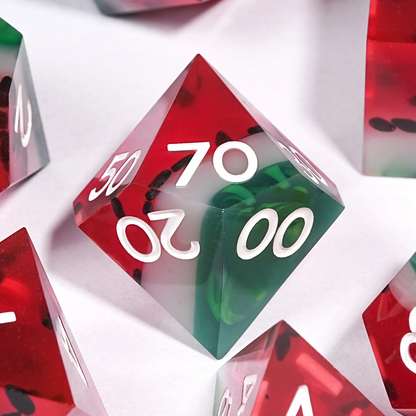Watermelon colour clear resin polyhedral dice set - detail view 14
