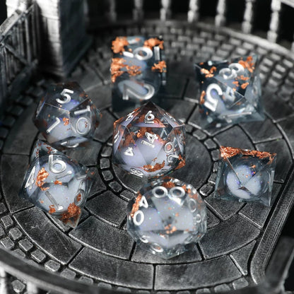 Liquid Core Sharp Edge Resin Dice Set, Floating Dragon Eye Polyhedral D&D TTRPG Tabletop Dice with Metal Box & Velvet Pouch