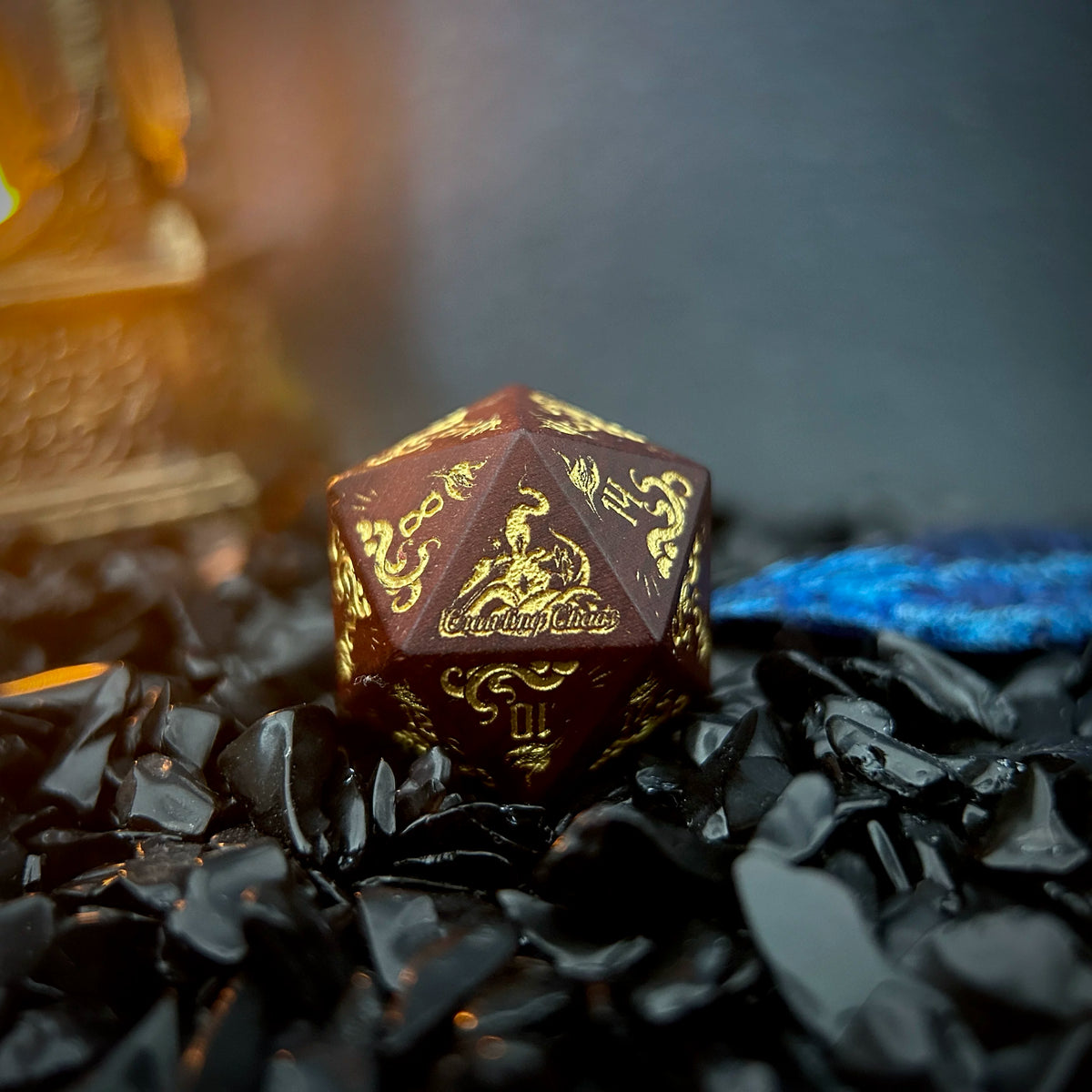 Nyarlathotep Crawling Chaos Natural Rosewood Polyhedral Dice Set - 7-Piece DND & Call of Cthulhu RPG Dice with Metal Tin