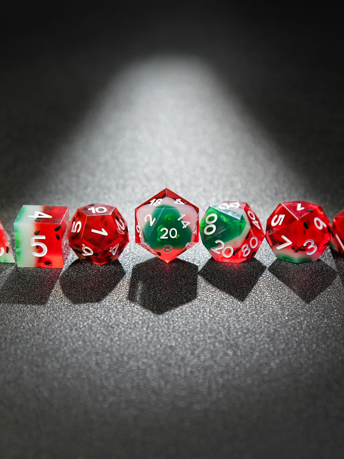 Watermelon colour clear resin polyhedral dice set - detail view 4
