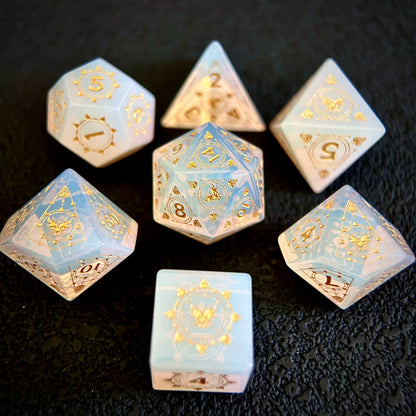 Original Opal Gemstone DND Dice Set Demon Dragon Engraved Polyhedral RPG Dice for D&D COC Tabletop Gaming Collectible (7-Piece)