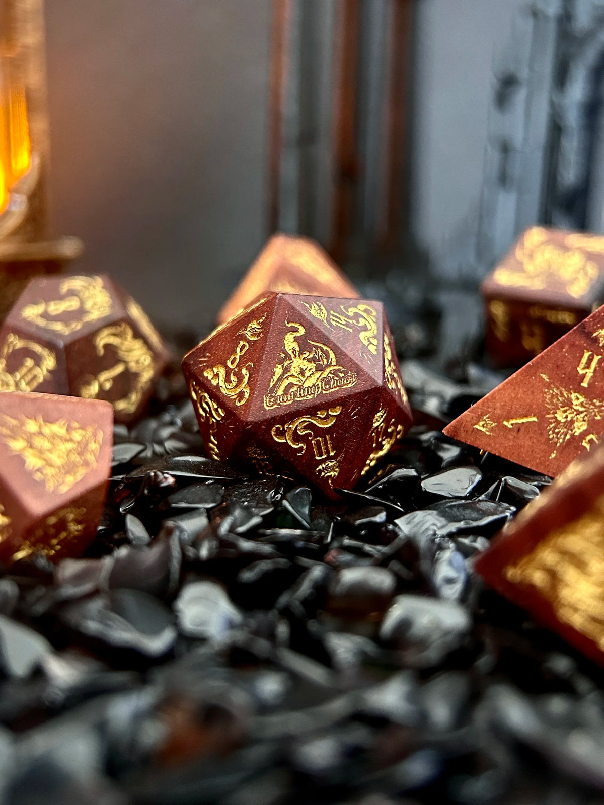 Nyarlathotep Crawling Chaos Natural Rosewood Polyhedral Dice Set - 7-Piece DND & Call of Cthulhu RPG Dice with Metal Tin