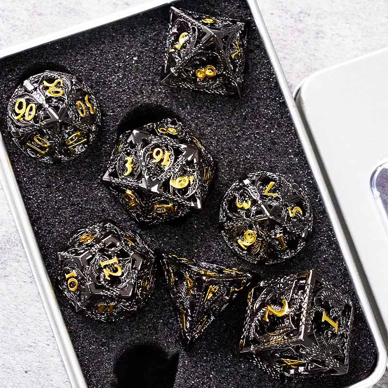 Hollow Metal Polyhedral DND Dice Set, Dragon Theme D20 Tabletop RPG Dice for D&D, Call of Cthulhu, Pathfinder, TRPG Games