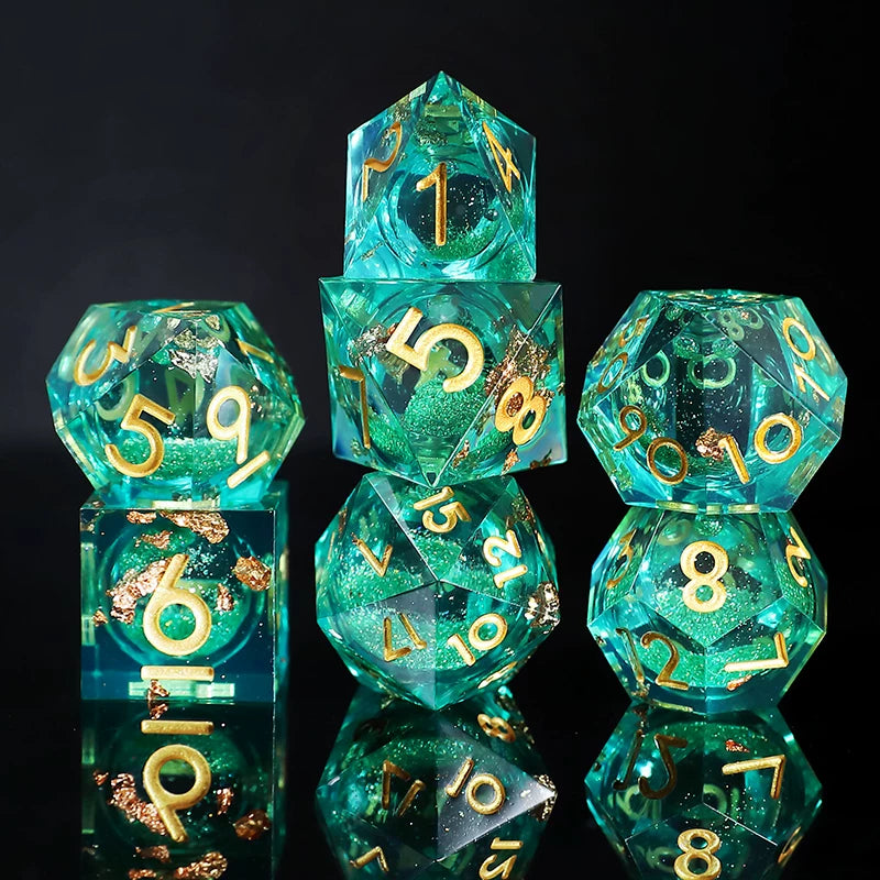 Liquid Core Sharp Edge Resin Dice Set, Floating Dragon Eye Polyhedral D&D TTRPG Tabletop Dice with Metal Box & Velvet Pouch