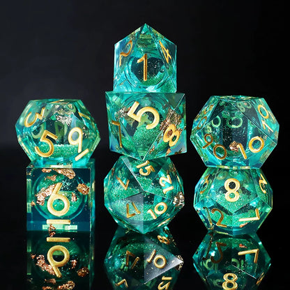Liquid Core Sharp Edge Resin Dice Set, Floating Dragon Eye Polyhedral D&D TTRPG Tabletop Dice with Metal Box & Velvet Pouch