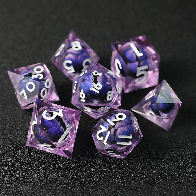 Liquid Core Sharp Edge Resin Dice Set, Floating Dragon Eye Polyhedral D&D TTRPG Tabletop Dice with Metal Box & Velvet Pouch