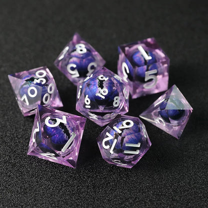 Liquid Core Sharp Edge Resin Dice Set, Floating Dragon Eye Polyhedral D&D TTRPG Tabletop Dice with Metal Box & Velvet Pouch
