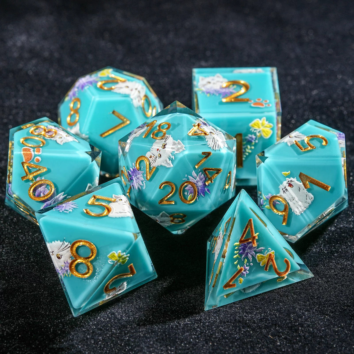 Cat dice in dice resin polyhedral dice set - detail view 21